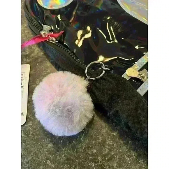 NWT Justice Ying & Yang Girls Backpack Holographic Silver with Pom Pom Keychain - Picture 9 of 10